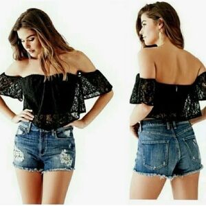 Guess Black Lace Corset Top Off Shoulder Blouse Sz L